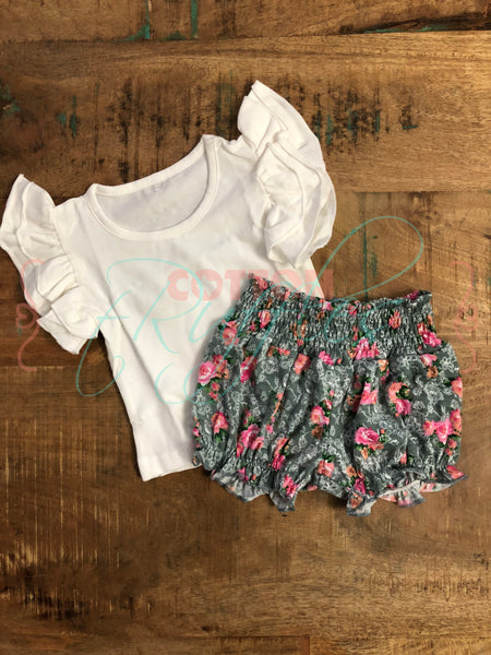 Gray Floral Bubble Shorts - Size 6m, 12m, 18m, 2t